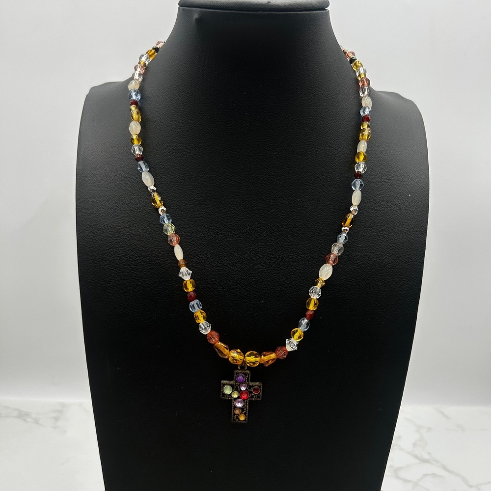 Multicolor Beaded Necklace Jewel-Tone Cross Pendant Boho Y2K Statement 22in